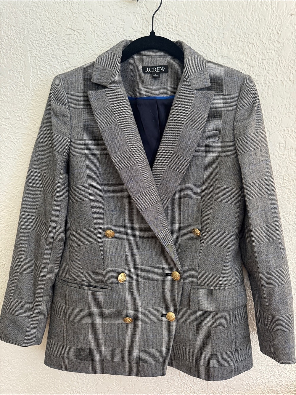 J. Crew Gray Glen Plaid Double-Breasted Blazer with Gold Buttons
